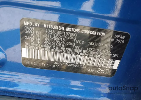 2019 Mitsubishi Outlander Sport 2.0 Es z USA, uszkodzony, nr VIN JA4AP3AU0KU033623